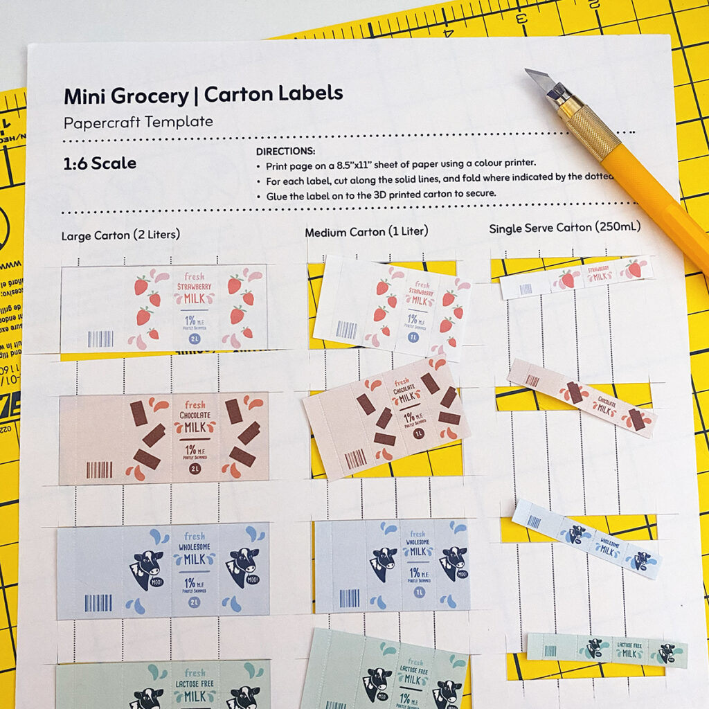 A piece of printed paper with little milk carton labels