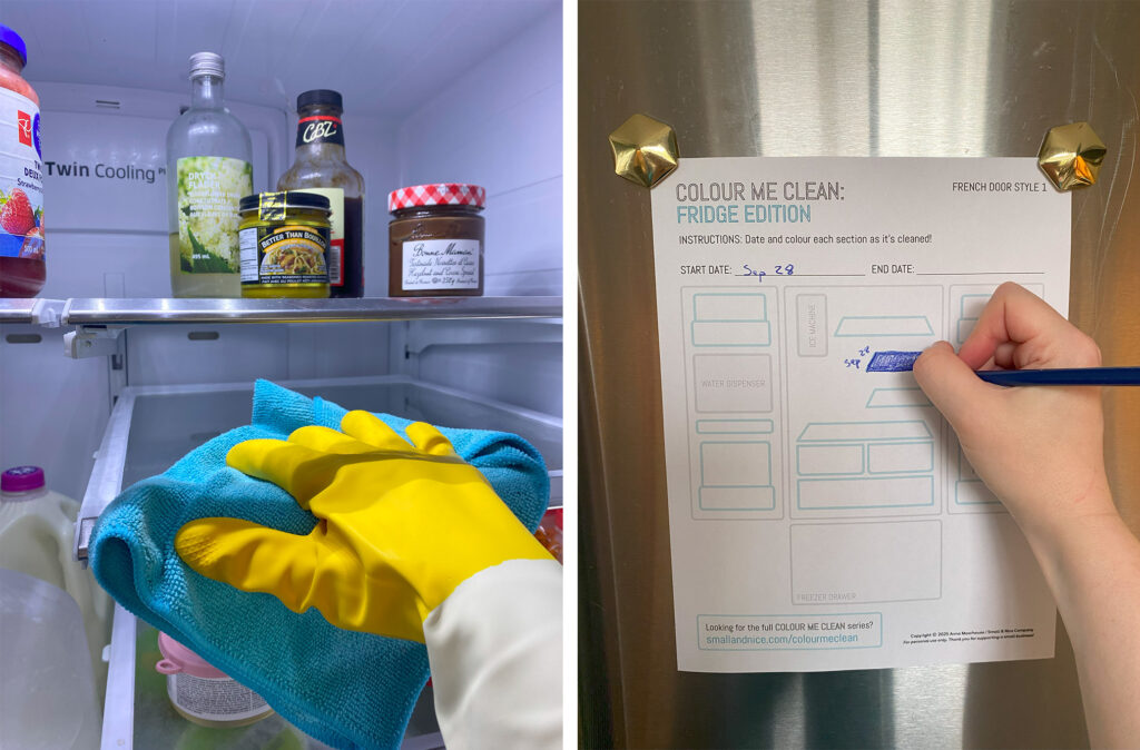 Photo of a gloved hand cleaning a fridge shelf, then an ungloved hand colouring in a section of the printed template.