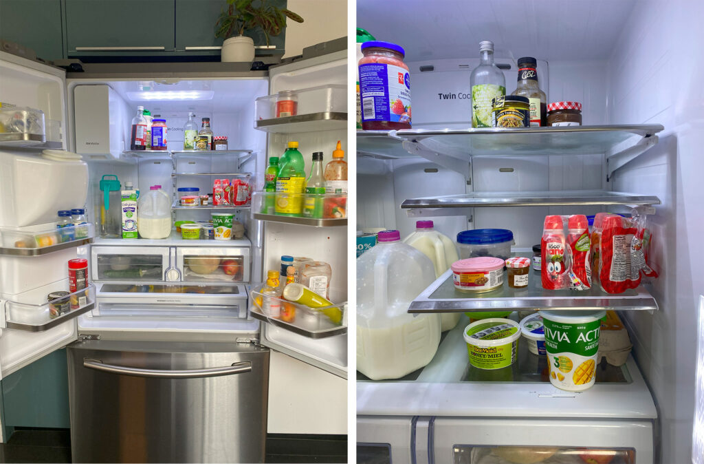 Side by side photos of the fridge with doors open and a close up of the right side interior of the fridge.