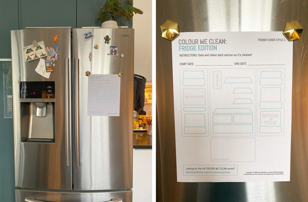 Side by side photos of a fridge and a close up of the paper cleaning template attached to the fridge door with magnets.