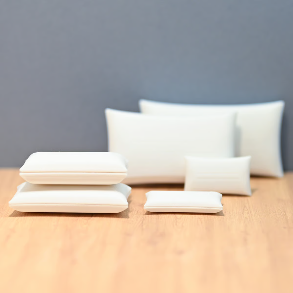 Stacks of tiny pillows against a floor floor and blue wall