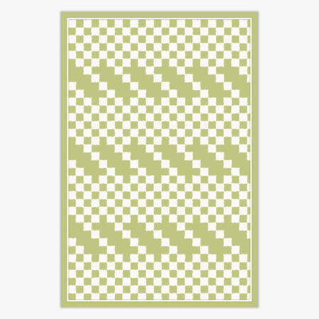 photo of a green and ivory checkered pattern rug against a off white background