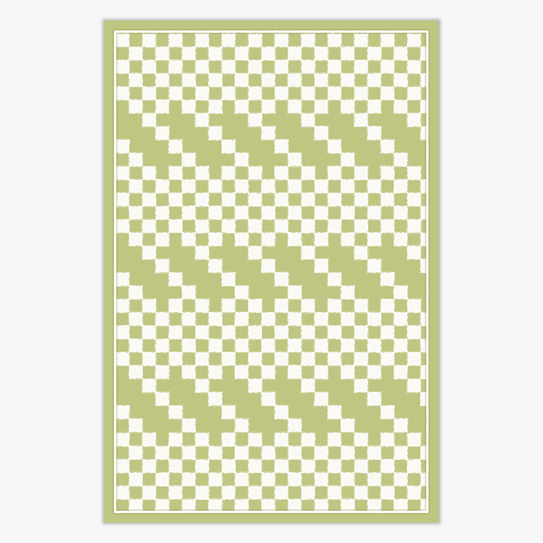 photo of a green and ivory checkered pattern rug against a off white background