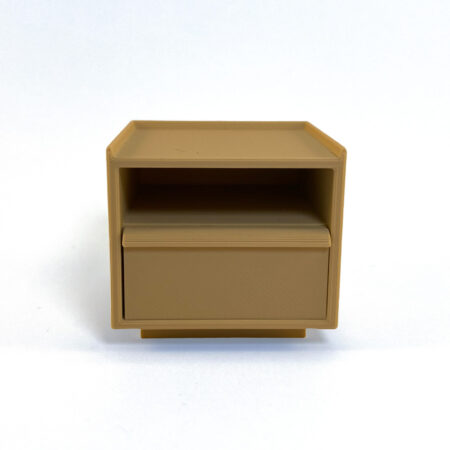 miniature nightstand in light brown against a white background