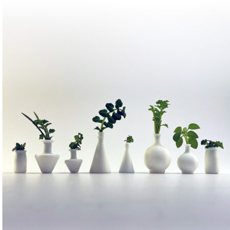 a photo of tiny white vases in a line